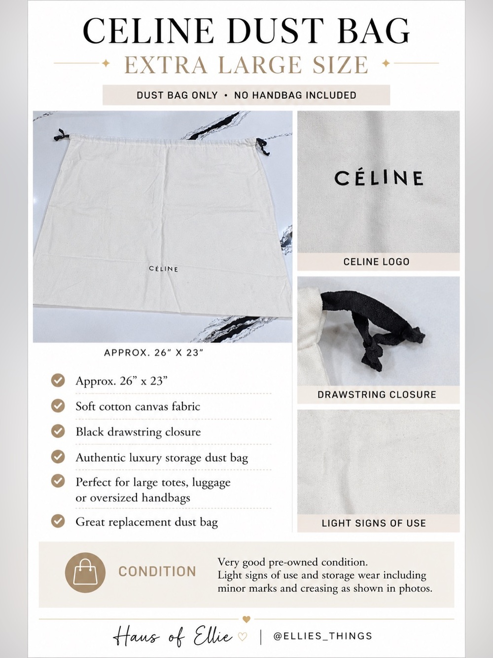 Celine Extra Large Dust Bag 26x23 Canvas Drawstring